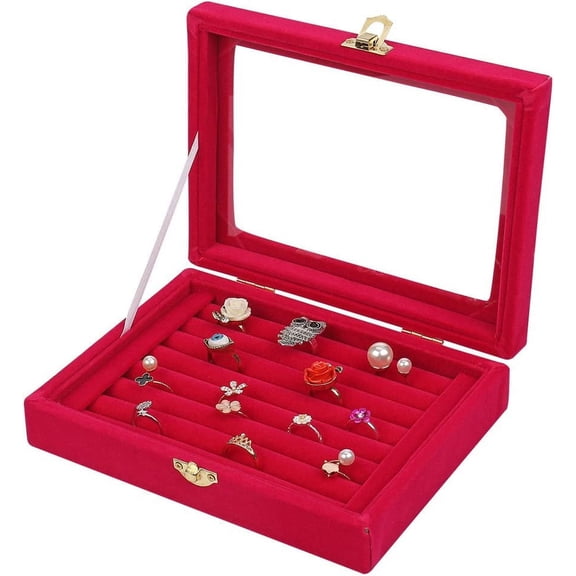 Nvzi Velvet Glass Jewelry Ring Display Stand Storage Box Ring Earrings Jewelry Box Ring Holder Case (Rose Red)