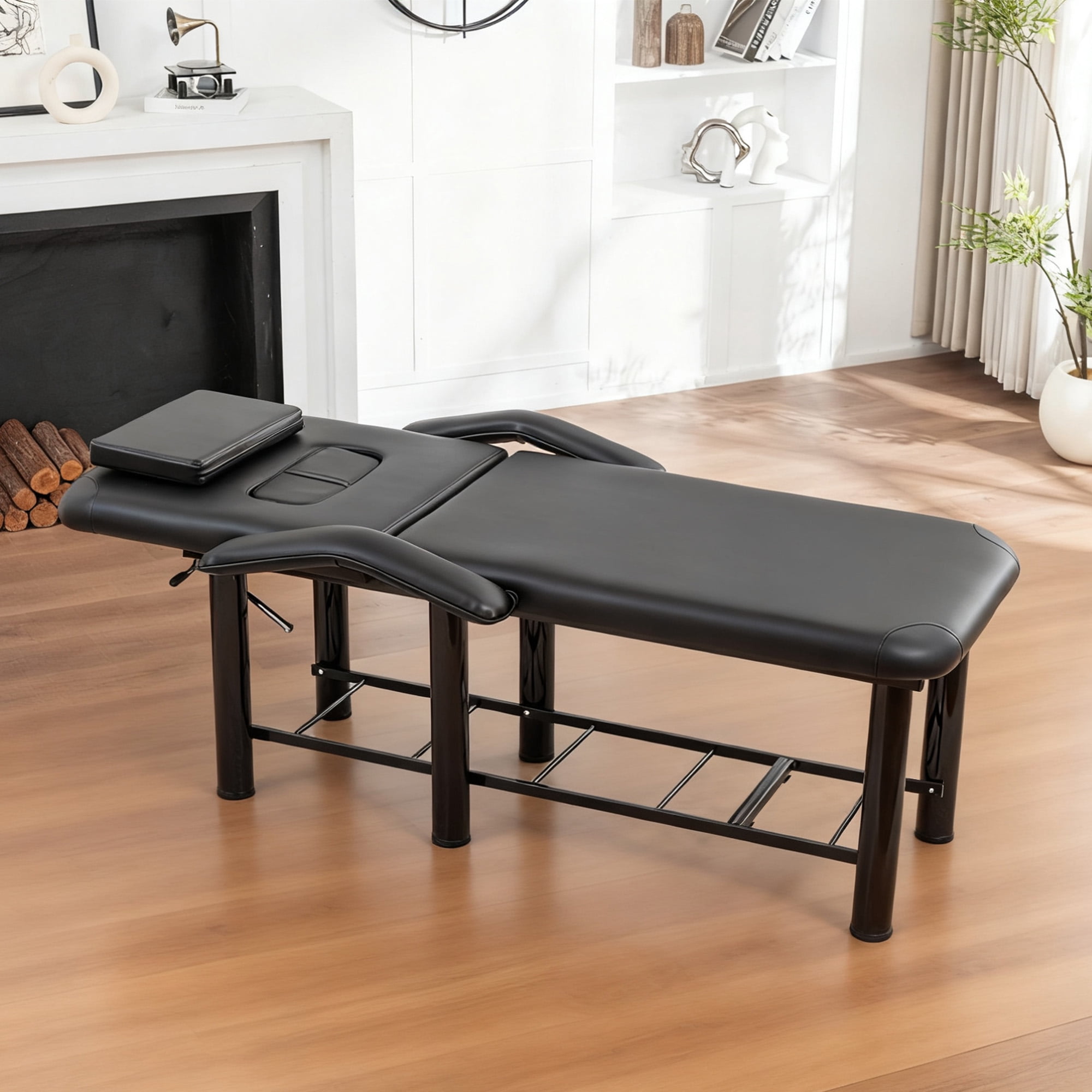 Miniyam 73.7" x 26.8" x 25.6" Professional Beauty Bed – Removable Headrest & Breast Cushions, Armrests, Storage Shelf – for Massage, Facial, Tattoo, Spa – Black