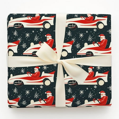 Santa Claus Driving Retro Race Car Christmas Wrapping Paper