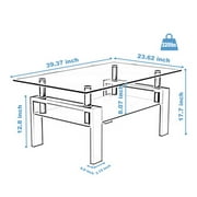 SEGMART Glass Coffee Table with Lower Shelf, Clear Rectangle Glass Coffee Table, Modern Coffee Table with Metal Legs, Rectangle Center Table Sofa Table Home Furniture for Living Room