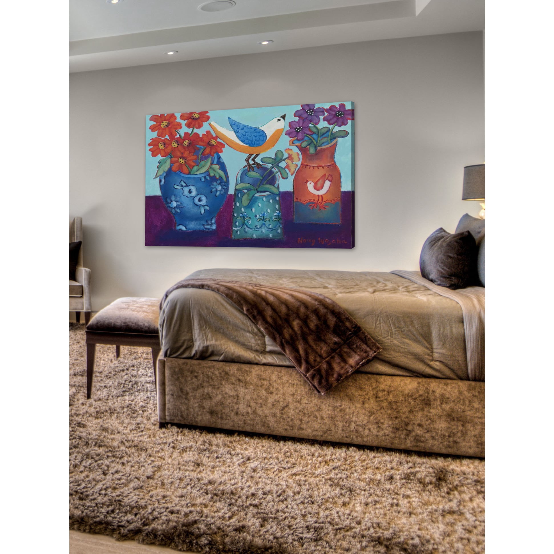 Marmont Hill "Blue and Orange Vases with Chirp" Painting Print on Canvas