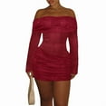 thumbnail image 2 of Women'S Off-the-Shoulder Bodycon Mesh Sheer Ruffled Shiny Flared Long Sleeves Y2K Club Night Out Dress, 2 of 7