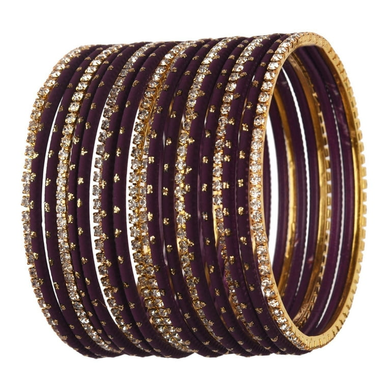 Efulgenz Indian Bangle Set Rhinestone CZ Plain Metal Bracelet Bangle  Jewellery for Women (20 Pcs) Size-2.4, Purple