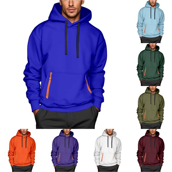 XIAOCHA Pocket Zipper Hoodie For Men Solid Long Sleeve Casual Hooded Sweatshirt, Blue, Sizes M
