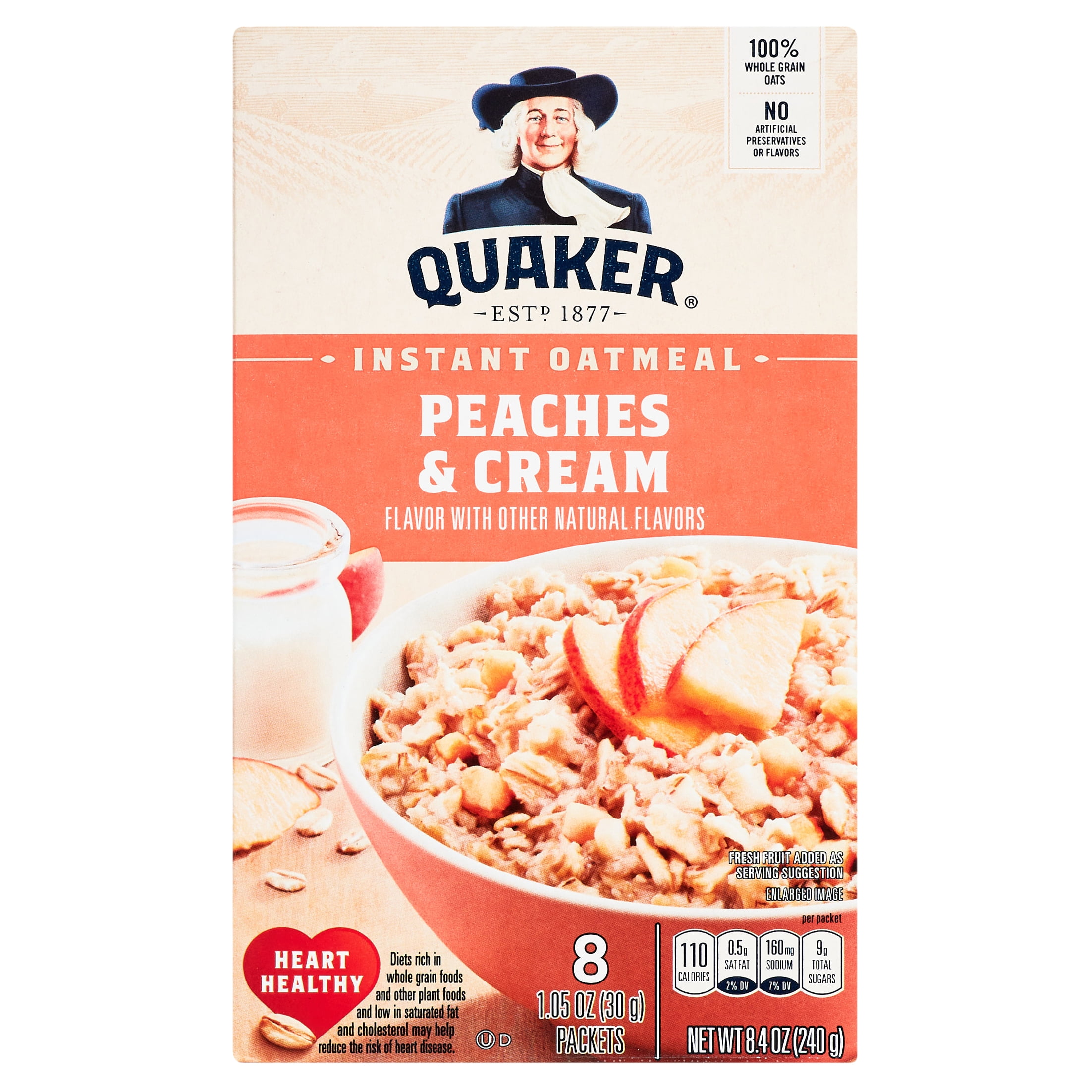 (4 pack) Quaker Instant Oatmeal, Peaches & Cream, 1.05 oz, 8 Packets