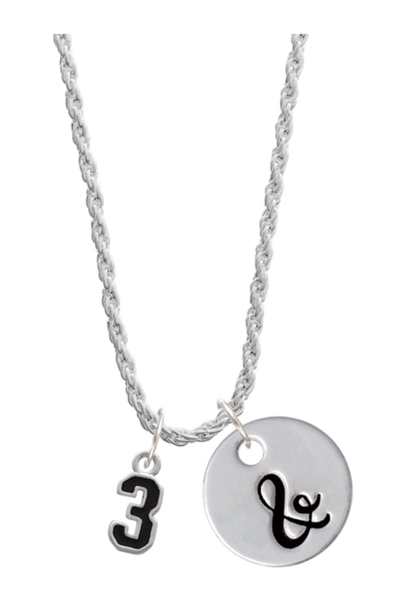 Silvertone Black Number - 3 Silvertone Script Initial Disc - & - Charm Necklace, 20"+3"