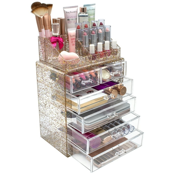 Sorbus Glitter Cosmetic Makeup and Jewelry Storage Case Rose Gold Display Spacious Great for