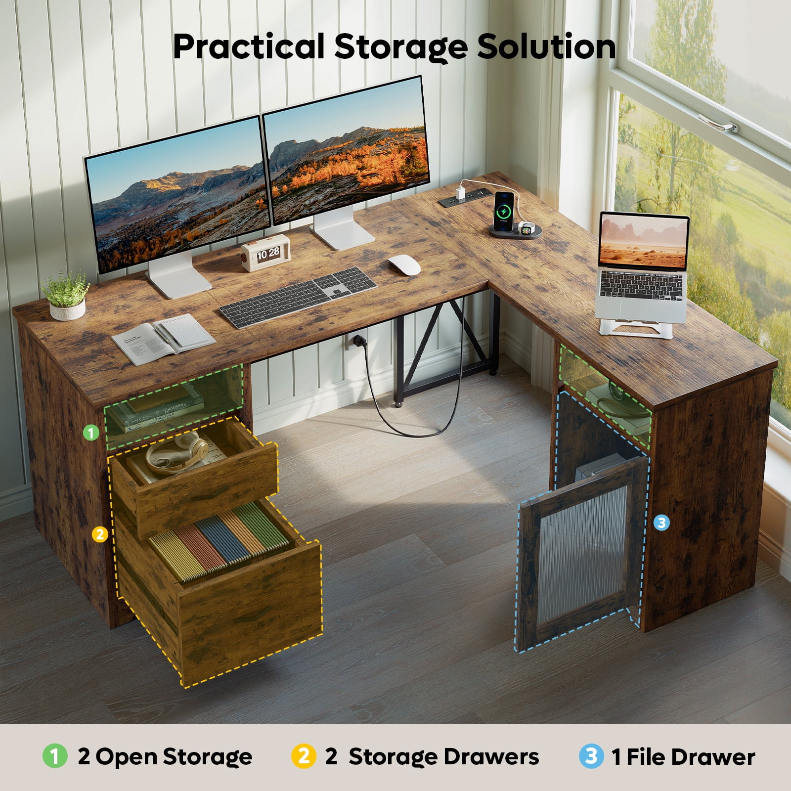 Bestier Farmhouse L Shaped Desk with Drawers, 63"Office Computer Desk with Charging Station & Fluted Storage Cabinet, Corner Desk with File Drawers, Modesty Panel for Home Office, Rustic Brown