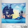 thumbnail image 1 of Pirate Theme Tapestry, Cartoon Ship Sailboat with Anchor and Island at Cloudy Morning, Fabric Wall Hanging Decor for Bedroom Living Room Dorm, 5 Sizes, Sea Blue Indigo and Cream, by Ambesonne, 1 of 1