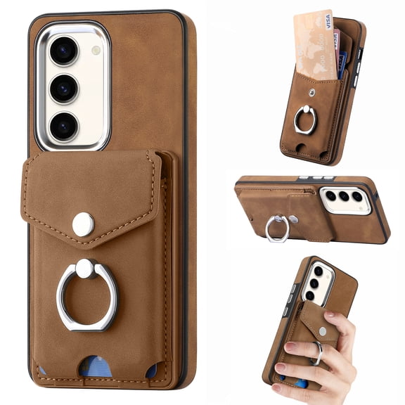 ELEHOLD Leather Wallet Case for Samsung Galaxy S21 FE Case with Back Card Holder Rotating Ring Holder Kickstand Slim Lightweight Shockproof Protective Case Work with Magnetic Car Mount Holder,brown