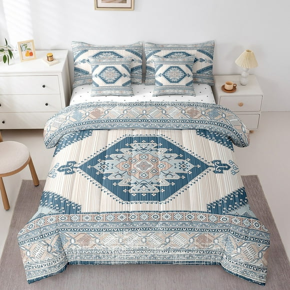 YST Boho Lattice 7 Pcs Comforter Set King, Damask Floral Bedding Set, Bohemian Flowers Retro Yellow Striped Exotic Tribal Bed in A Bag Sheet Set Blue Medallion Bedding Sets & Collections