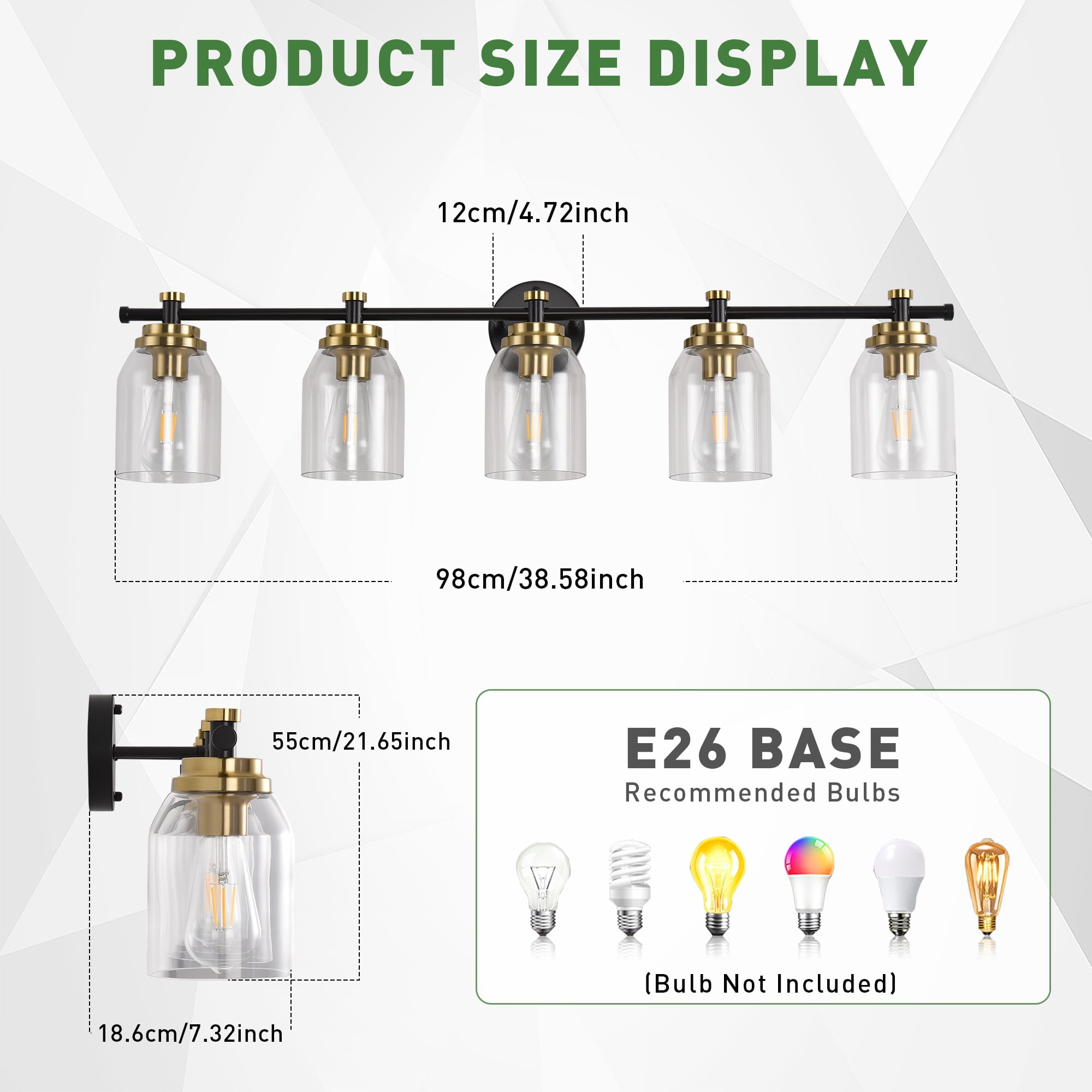 Black and Gold Bathroom Vanity Light - 5-Light Vintage Fixture with Clear Glass Shades