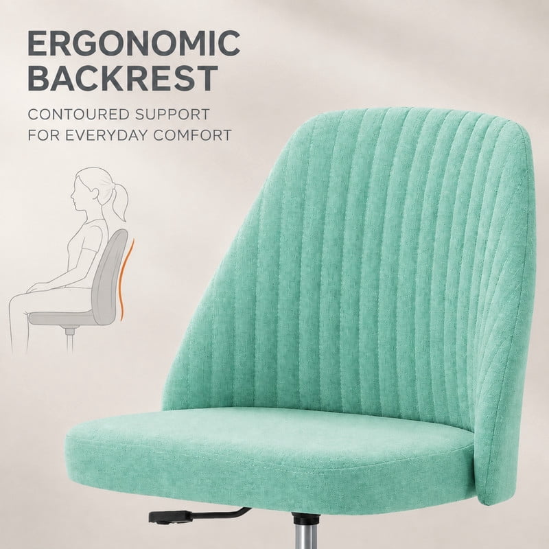 BEAUTYPEAK Armless Vanity Chair Adjustable Swivel Fabric Desk Chair with Padded Seat Wheels Mid-Back Office Chair, Mint