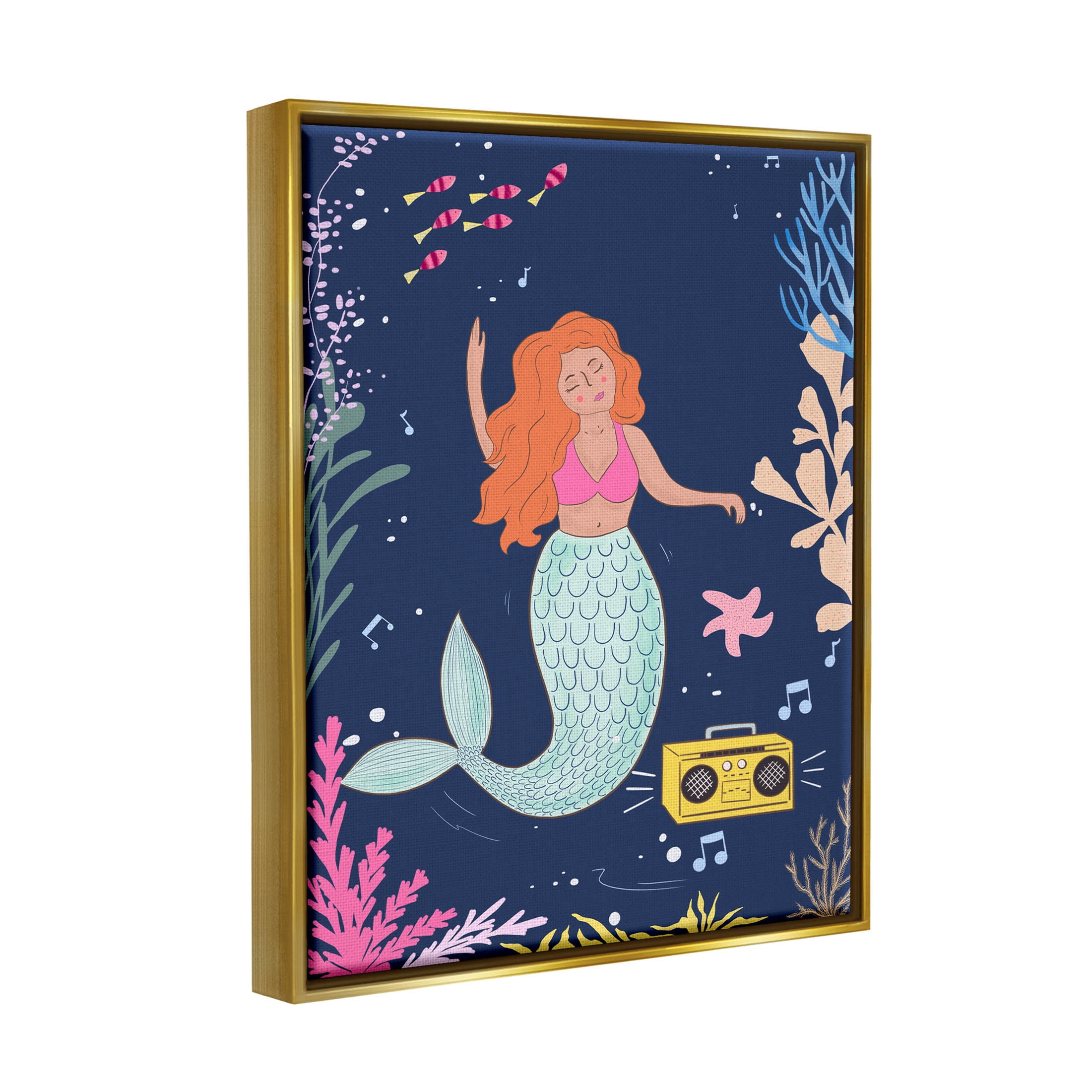 Stupell Industries Happy Mermaid Dancing Boombox Graphic Art Metallic Gold Floating Framed Canvas Print Wall Art, Design by Nikita Jariwala