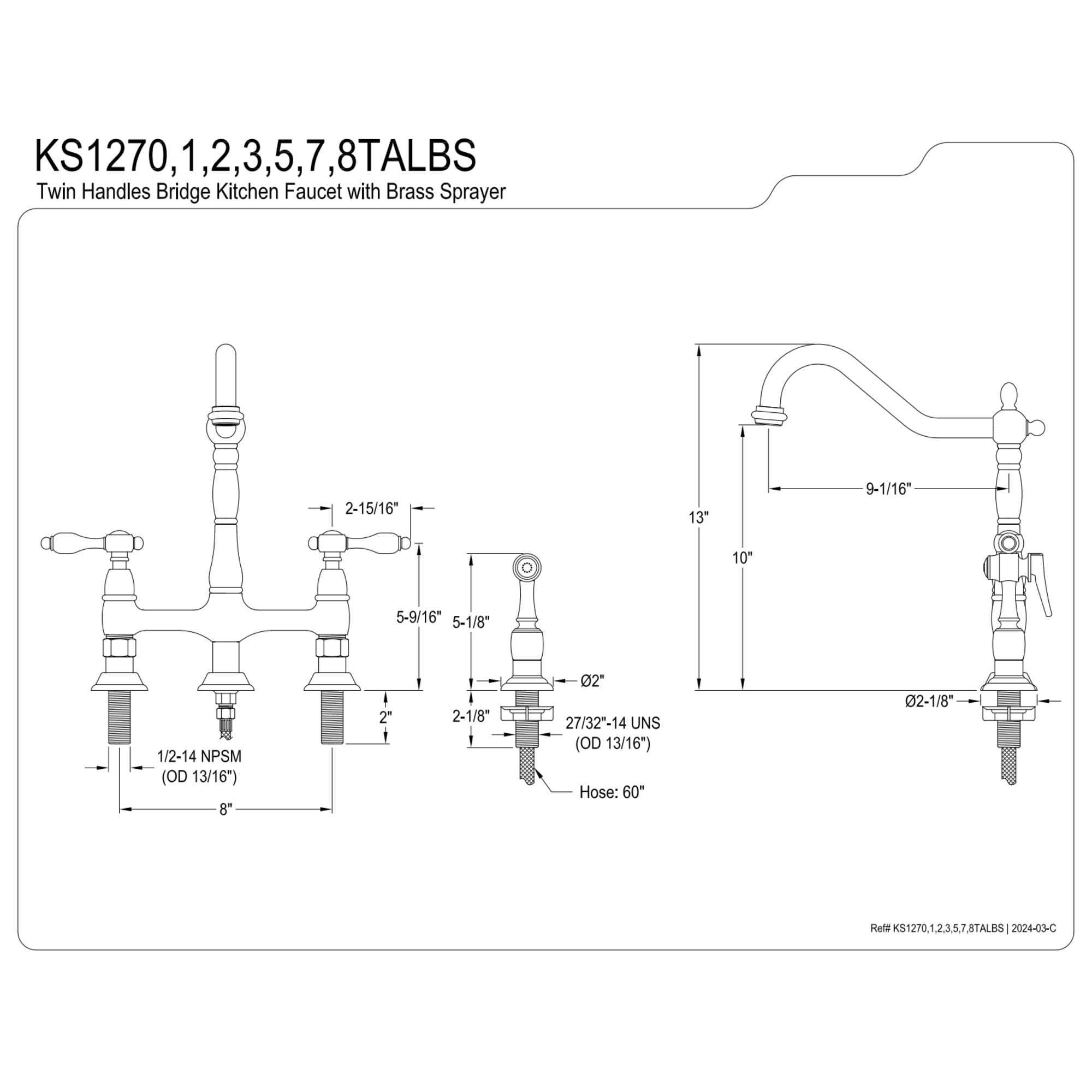 Kingston Brass KS1277TALBS Tudor Two-Handle 4-Hole Deck Mount Bridge Kitchen Faucet with Brass Side Sprayer in Brushed Brass