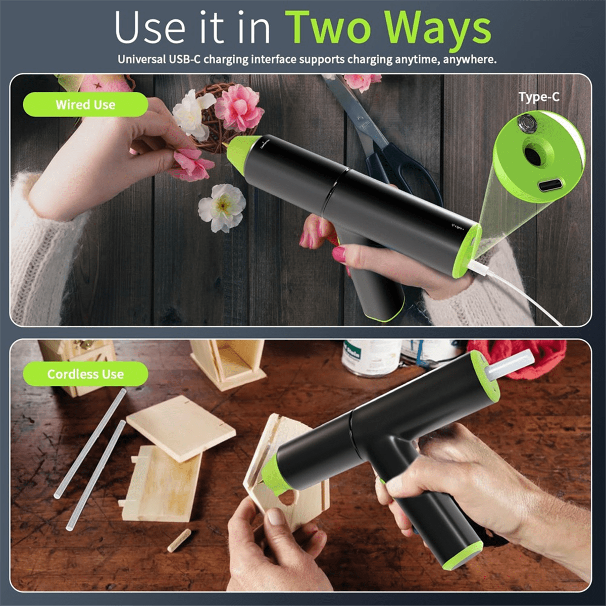 Hot Glue GunSet, Cordless Glue Gunwith Stand USB Rechargeable Preheating Auto Shutoff Hot Melt Glue GunTool for DIY