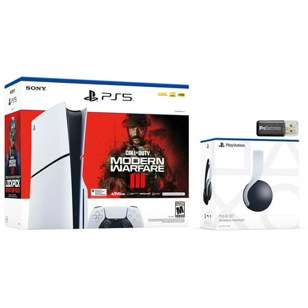 Sony PlayStation 5 Slim Disc Call of Duty Modern Warfare 3 Bundle with White Pulse 3D Wireless Gaming Headset and USB MicroSD Card Reader