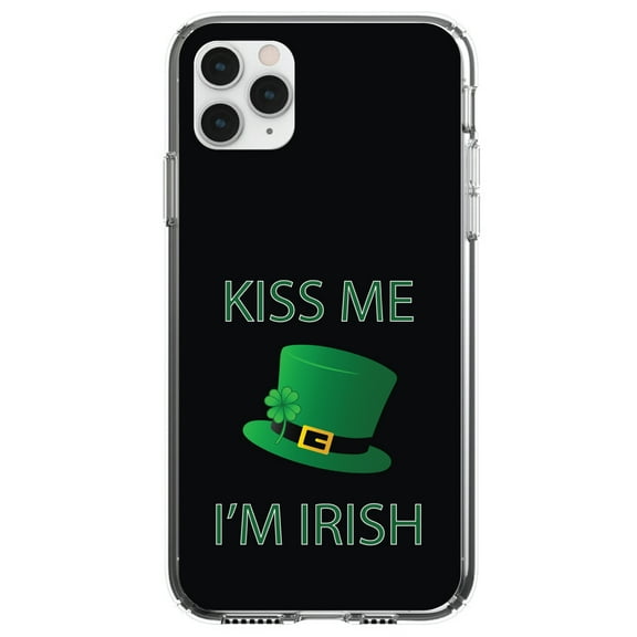 DistinctInk Clear Shockproof Hybrid Case for iPhone 13 Pro MAX (6.7" Screen) - TPU Bumper, Acrylic Back, Tempered Glass Screen Protector - Black Green Kiss Me I'm Irish
