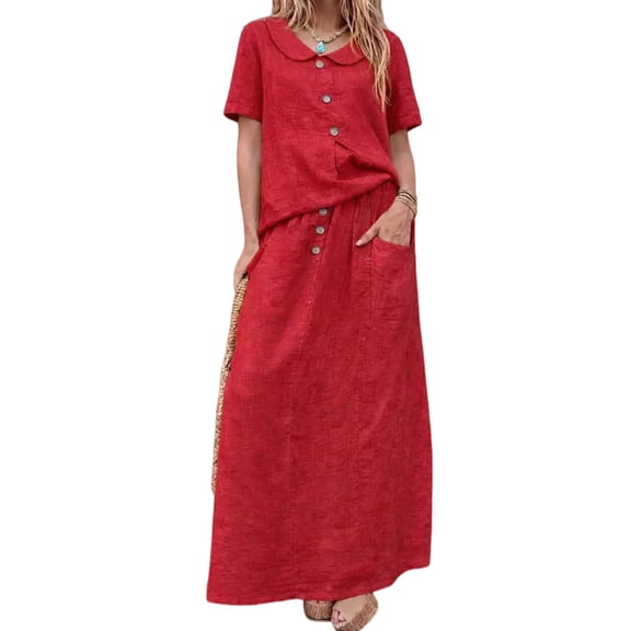 Summer Skirt Set Women 2 Piece Outfits Short Sleeve Top Elastic Waist Maxi Dress Sets with Pockets Red S