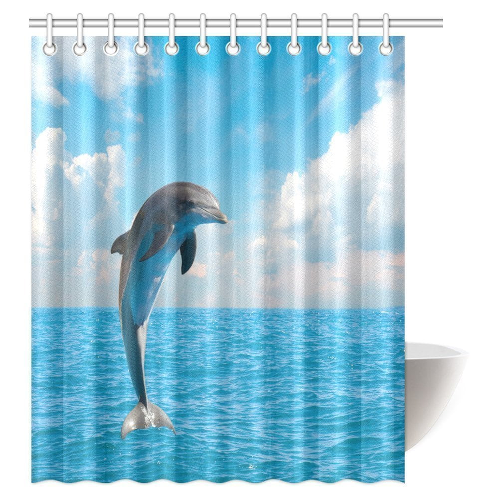 ARTJIA Jumping Dolphin Shower Curtain, Beautiful Seascape with Deep Ocean Waters and Cloudscape