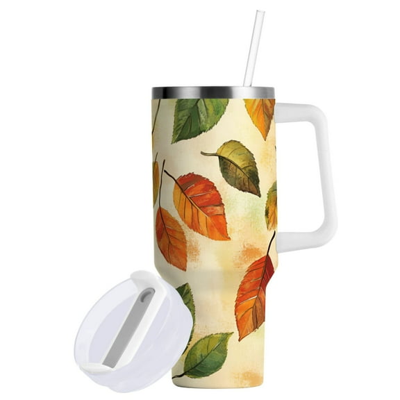 Yayeee 40oz Double-Wall Insulated Stainless Steel Tumbler with Handle Bottle, Beige Leaves