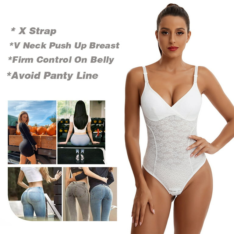 Joyshaper Shapewear Bodysuit for Women with Bra Tummy Control Thong Body  Shaper Sexy Lace Fajas(White-S) 