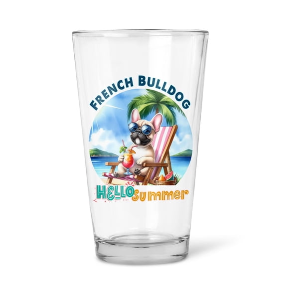 French Bulldog Hello Summer Beach Theme with Sunglasses and Tropical Cocktail 16oz Pint Beer Glass Mug Dog Lover Gifts Beer Glasses Cup - 00009