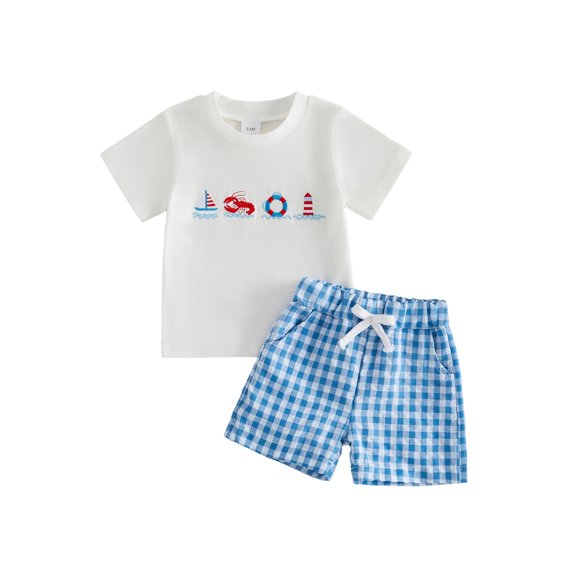 BemeyourBBs Toddler Baby Boy Summer Clothes Infant Baby Boys Summer Beach Holiday Outfits Short Sleeve Sailboat Crayfish Marine Embroidery T-Shirt Plaid Pockets Shorts 2Pcs Set