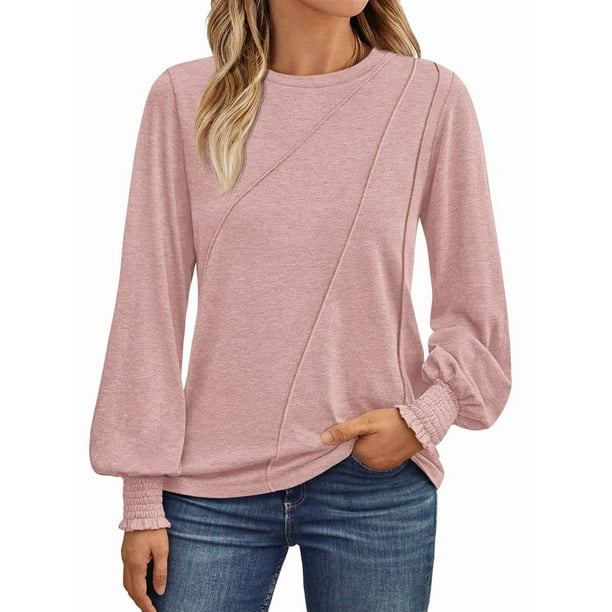 Blusas de Larga para Mujer, con Cuello Redondo Plisado, Informales, de Negocios, Ropa de Moda. Rosa L
