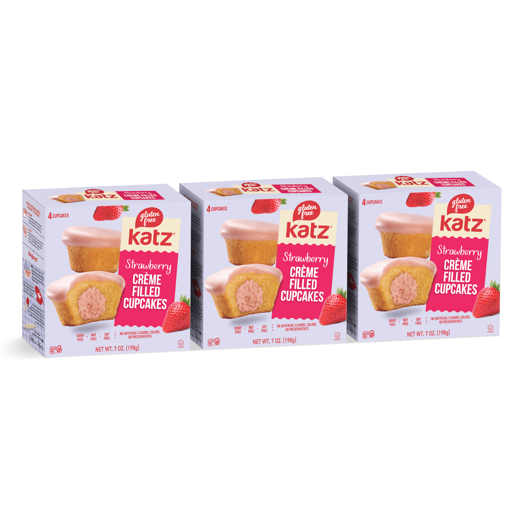 Katz Gluten-Free Creme Filled Cupcakes - Strawberry |Gluten-Free Dairy Free Nut Free Soy Free Kosher | (3 Pack 7.0 Ounce Each)