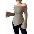 thumbnail image 2 of Women Long Sleeve Cowl Neck Ribbed Knit Fall Shirts Slim Fit Ruched Going Out Crop Tops Basic T-Shirts Khaki XXL, 2 of 9
