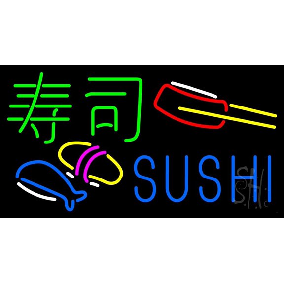 Blue Sushi Logo LED Neon Sign 13 x 24 - inches, Clear Edge Cut Acrylic Backing, with Dimmer - Bright and Premium built indoor LED Neon Sign for restaurant window and interior decor.