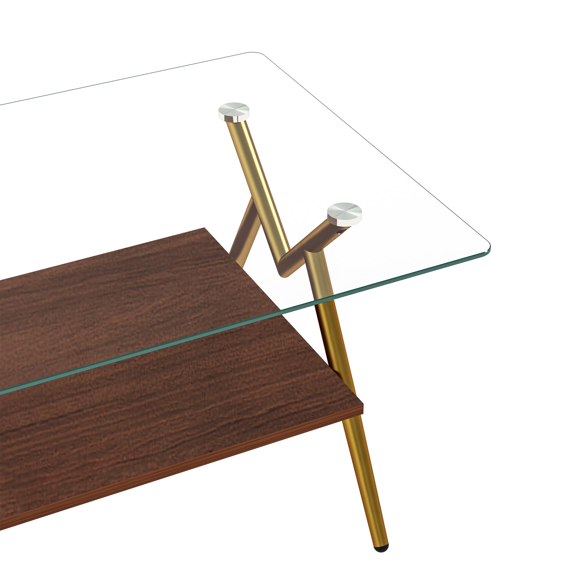 Leumius Glass Coffee Table with Lower Shelf,Clear Rectangle Glass Coffee Table, Modern Coffee Table with Metal Legs for Living Room,Golden+Transparent