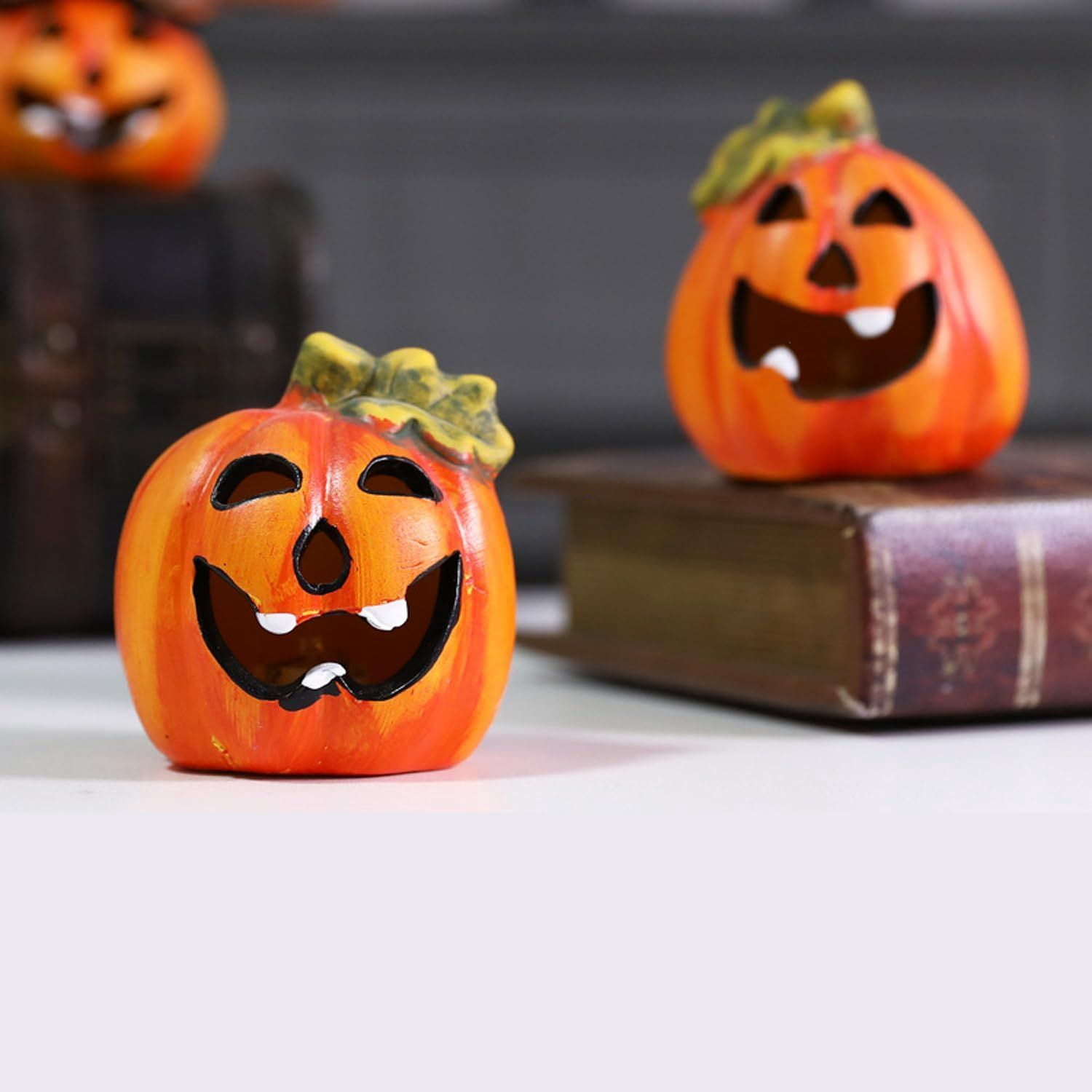 Set of 4 Light Up Ceramic Pumpkin Skull Figurines for Halloween Table Decor