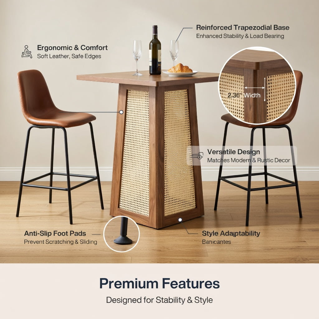 Hommoo 31.5 Inch Square Counter Height Bar Table with Wood Top & Rattan Base, Pedestal Pub Table for Kitchen Island, Breakfast Nook, Small Apartment or Patio, Walnut