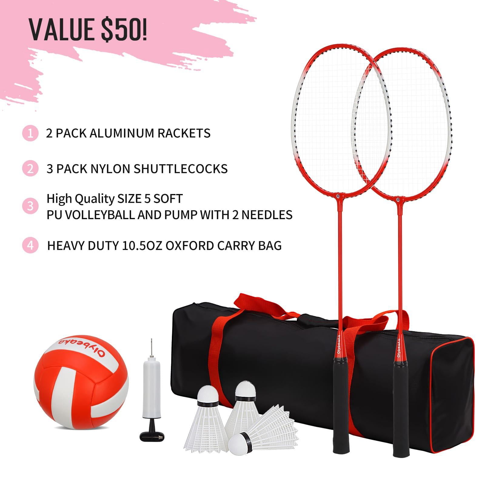 20ft Outdoor Volleyball & Badminton Combo Net Set For Backyard Beach With Adjustable Poles  Durable Anti-sag Pu 2 Aluminum Rackets
