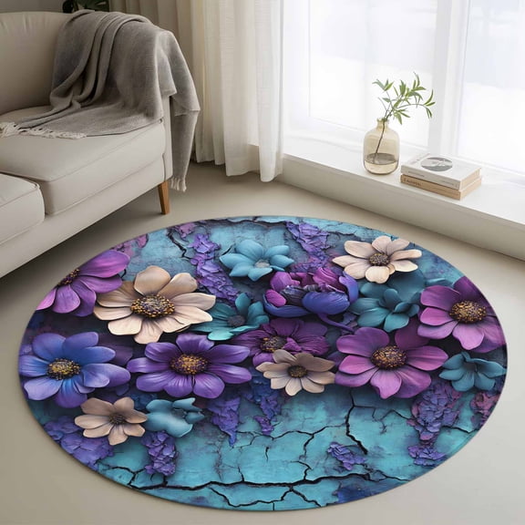Round Rugs 4Ft, Purple Flowers Round Area Rug Washable Indoor Throw Carpet, Spring Vintage Walls Pastoral Country Soft Non Slip Circle Rug for Kitchen Nursery Room Home Decor Aesthetic