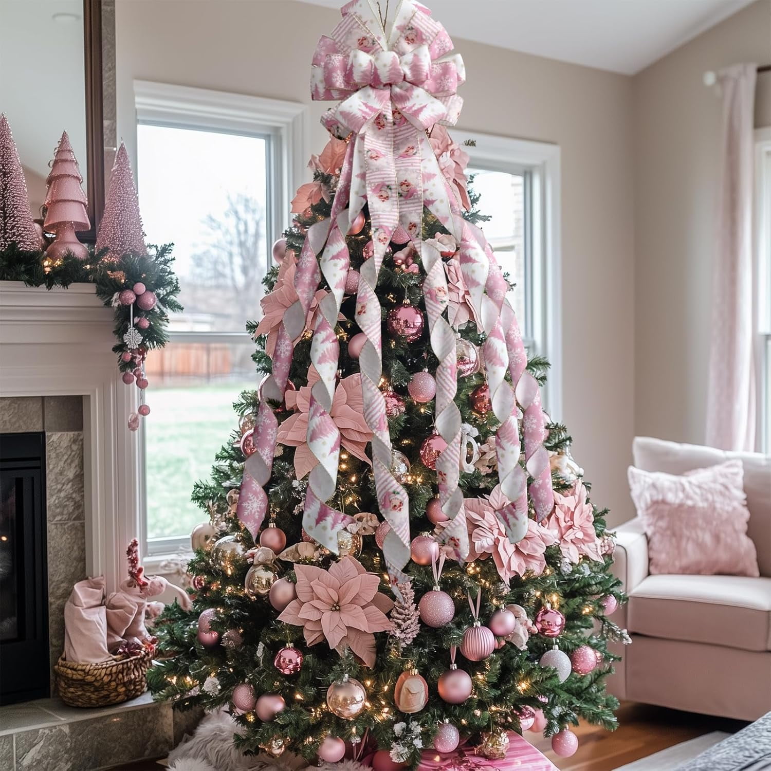 Large Christmas Tree Topper Bow 52x13 Inch, Pre-Tied Wired Ribbon Wreath Bows, Xmas Ornaments with Long Wired Edge Streamer for Holiday Thanksgiving Indoor Outdoor Party Decoration (Pink)