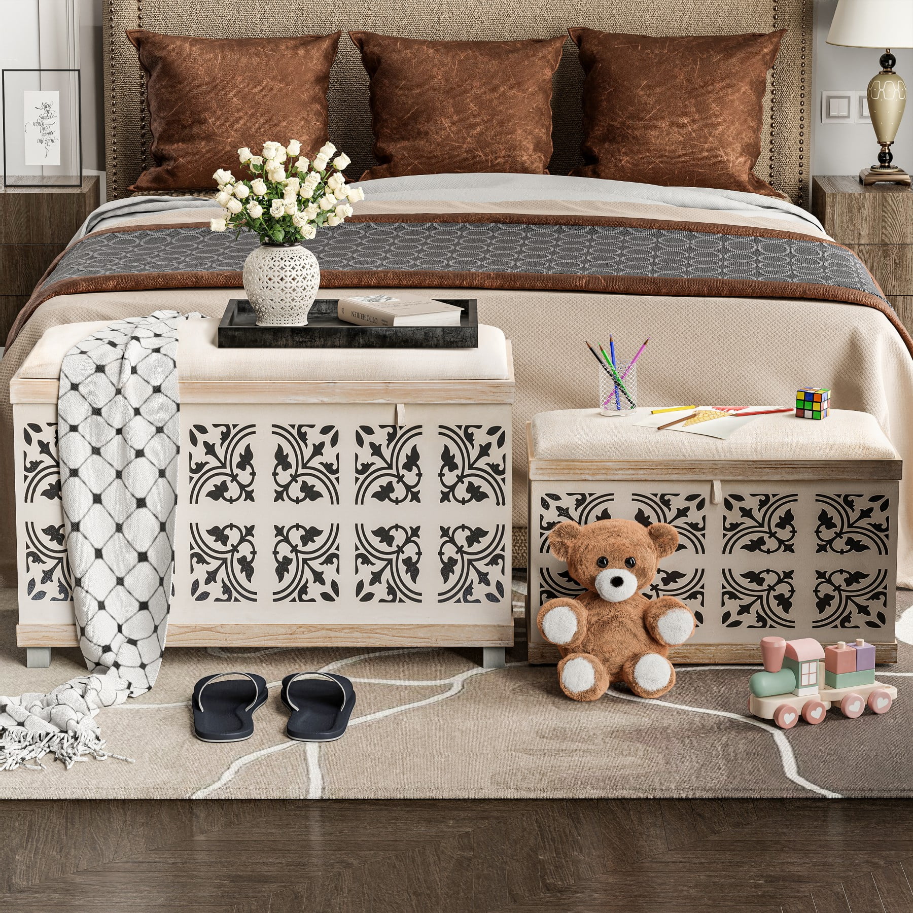 COZAYH 2 Piece Farmhouse Storage Bench With Print Front Boho Ottoman cozayh-2-piece-farmhouse-storage-bench-with-print-front-boho-ottoman
