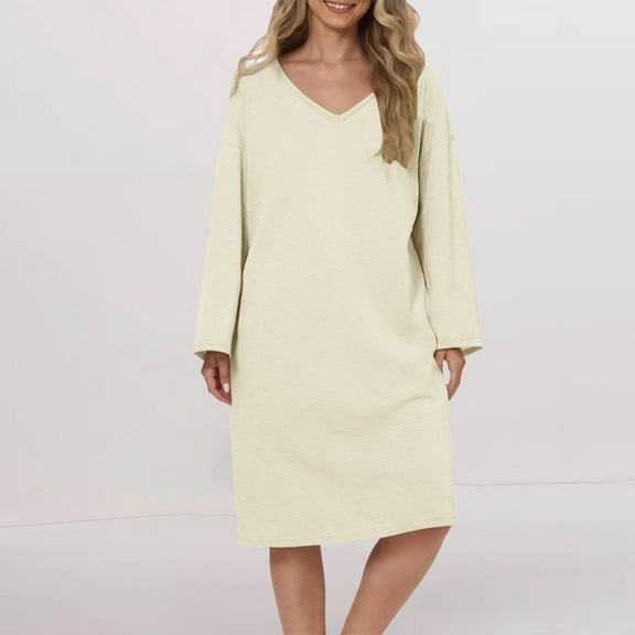 Women's V-Neck Long Sleeve Nightgown, Brushed Flannel Sleepwear, Soft Thermal Nightdress, Comfortable Lounge Dress, Cozy Home Pajama, Warm Sleepwear, Relaxing Loungewear - Beige