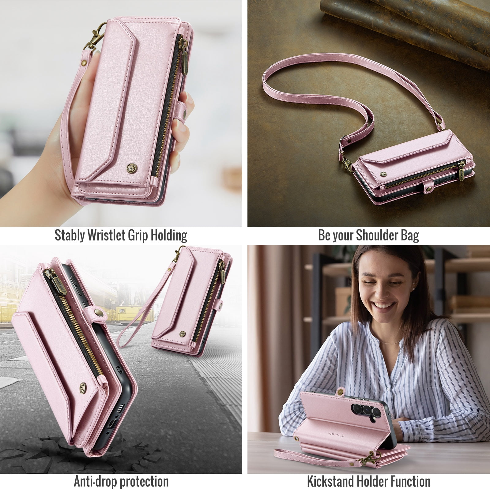 for Samsung Galaxy A14 5G Full Body Protection Wallet Folio Flip Case, Shoulder Strap & Wristlet Card Slots Zipper Pocket RFID Blocking Rugged Durable PU Leather Phone Case Cover, Pink