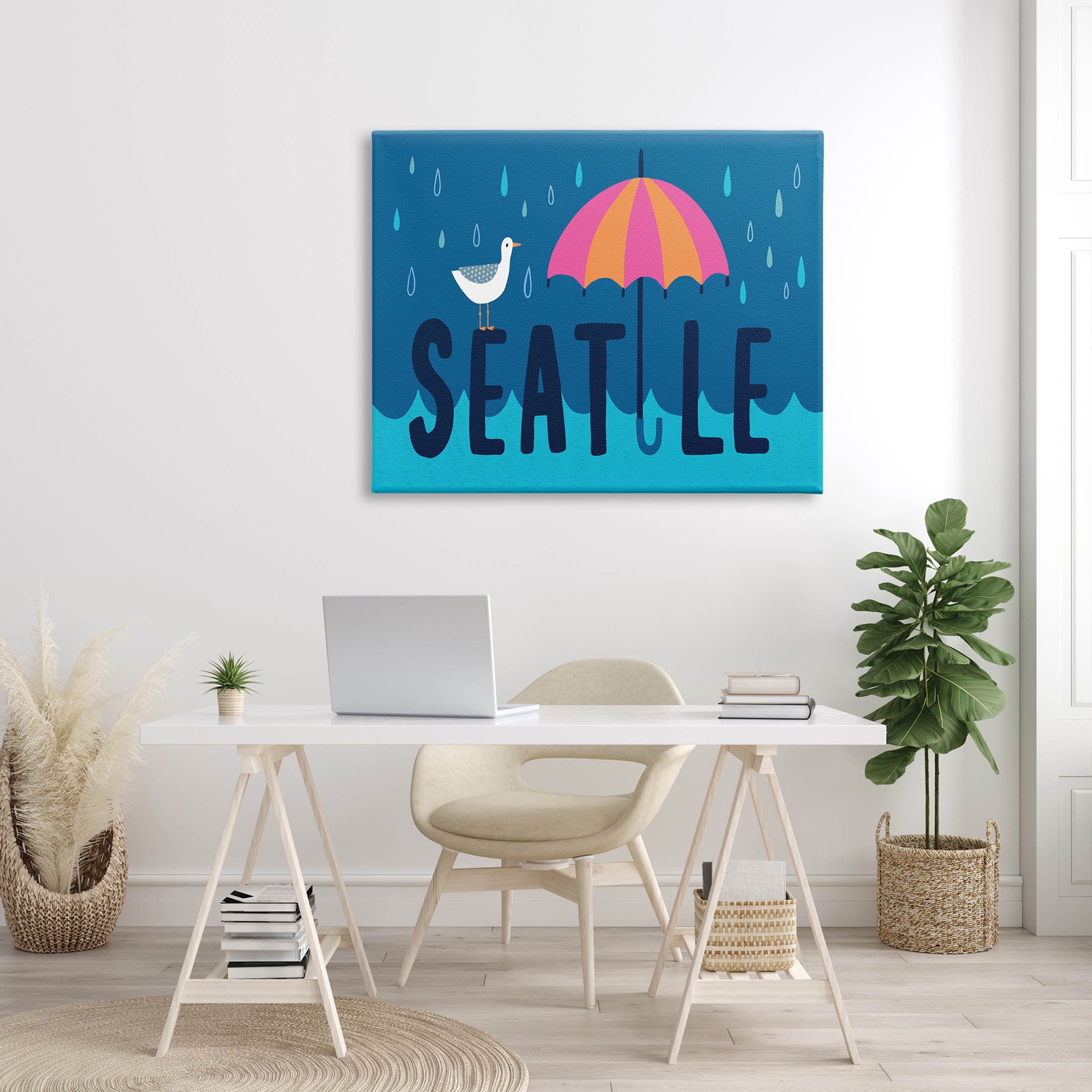 Seattle Raindrops Falling Seagull Animals & Insects Graphic Art Gallery Wrapped Canvas Print Wall Art