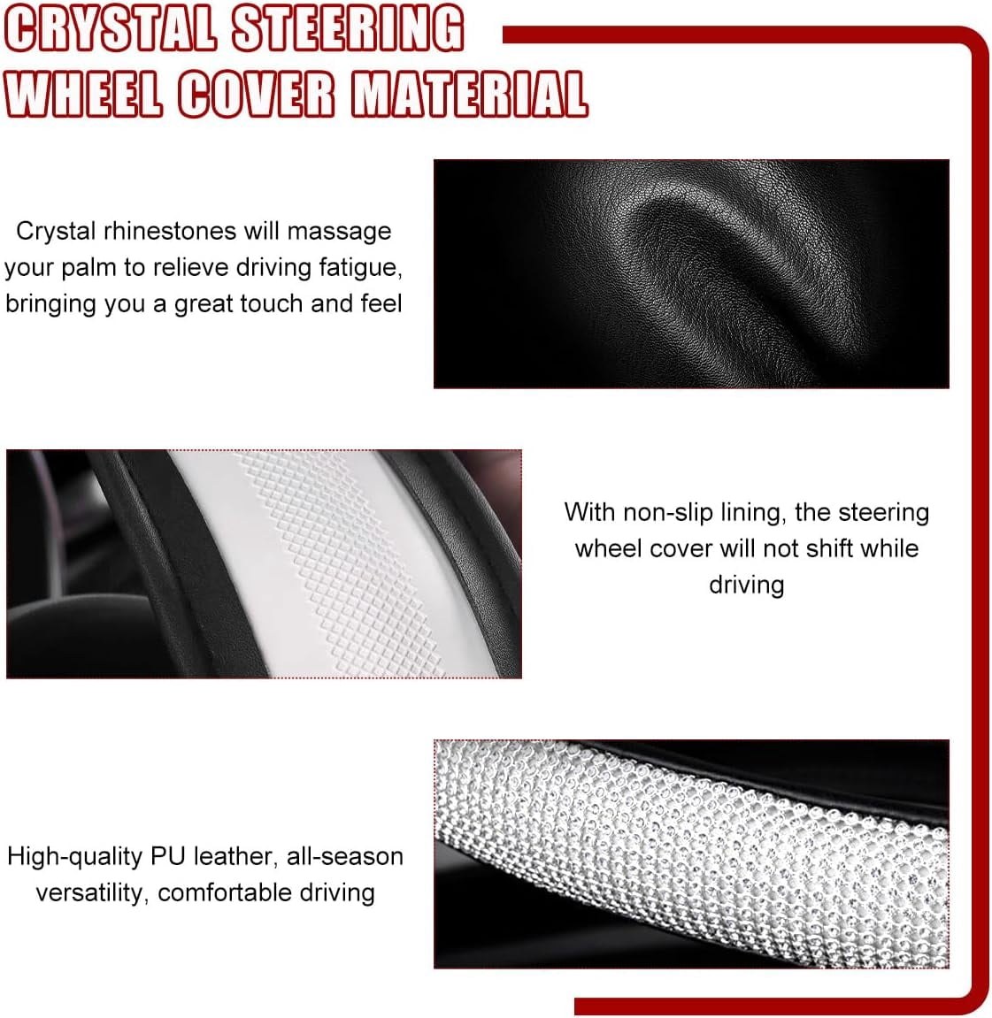 Sparkling Crystal Rhinestone Bling Car Steering Wheel Cover for Women Anti Slip Auto Wheel Protector Fit 15 Inch Steering Wheel Universal Car Accessories, White