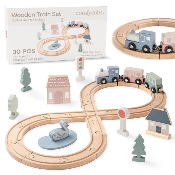 Comfy Cubs 30-Piece Wooden Train Set for Toddlers Ages 1+, Fun & Eco Friendly Toddler Train Set with Complete Toy Town - Creative Wooden To