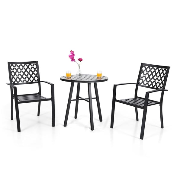 3-Piece Patio Bistro Set, Outdoor Conversation Furniture with Stacking Chairs, All Weather Metal Steel, Black