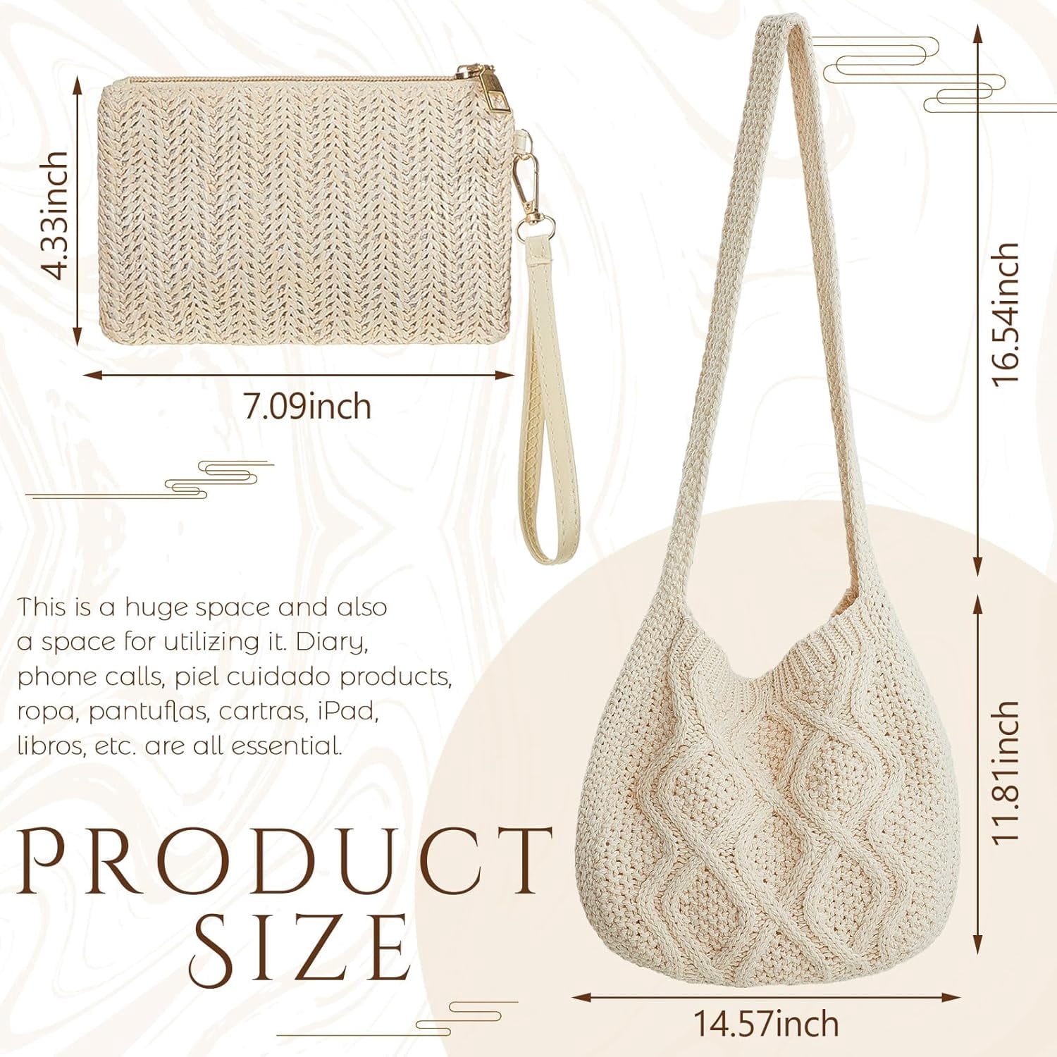 Crochet Bag for Women Crochet Tote Bag with Wristlet Wallet Bohemian Aesthetic Shoulder Handbag for Women Summer Beach(Elegant Style)