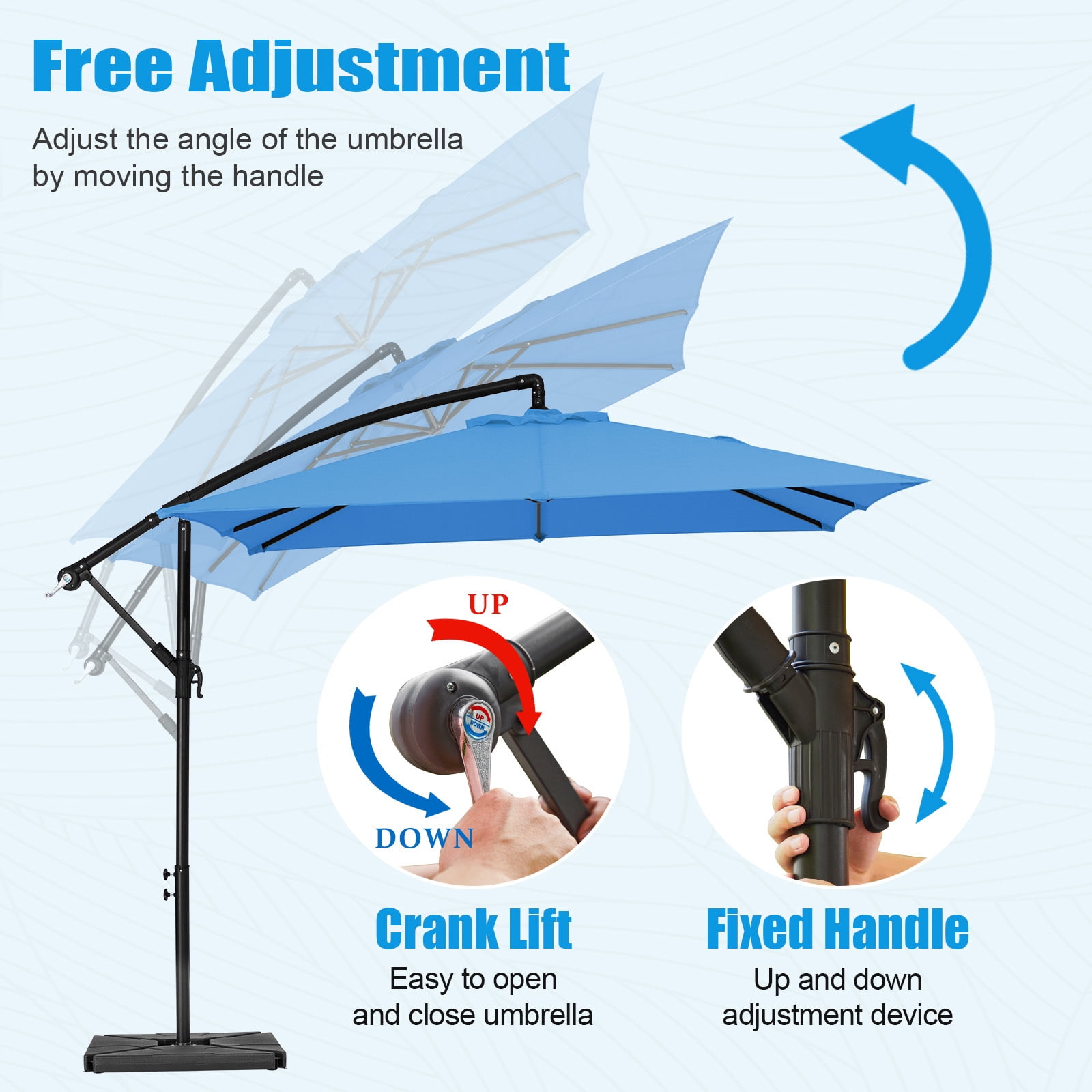 FUNDAZE 8x8ft Hanging Cantilever Patio Umbrella with Base, Square Outdoor Sun Shade with Crank & Tilt for Garden, Backyard, Deck,Royal Blue