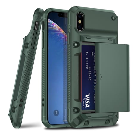 for iPhone X Case iPhone XS Case Wallet Credit Card Holder ID Slot Sliding Door Hidden Pocket Men Women Anti-Scratch Dual Layer Hybrid Bumper Armor Protective Hard Shell Back Cover Green