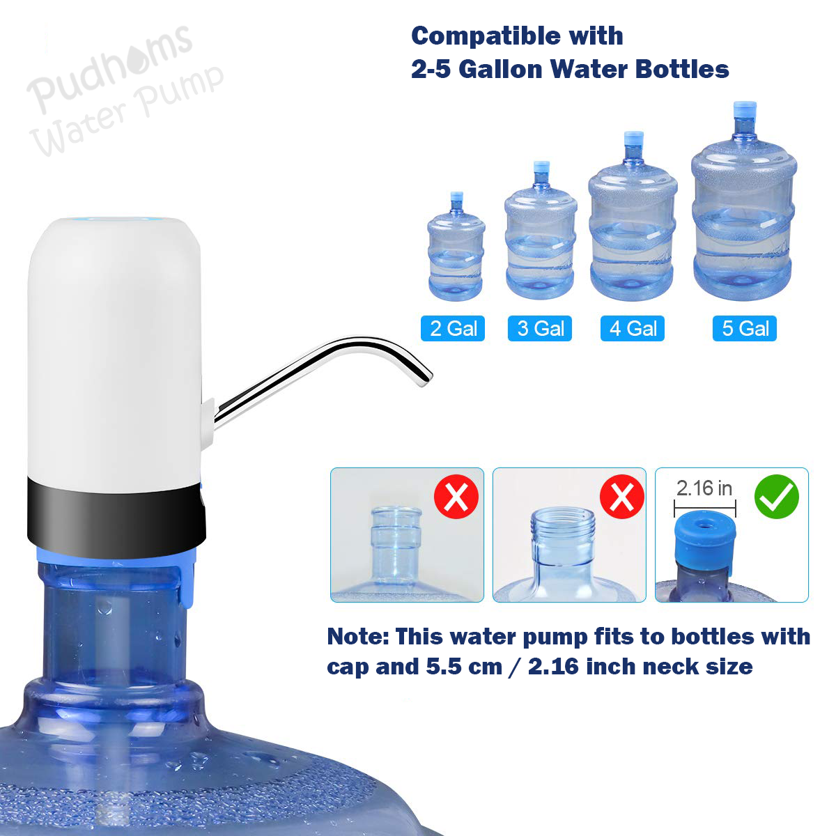 PUDHOMS 5 Gallon Water Dispenser USB Charging Water Pump for 5 Gallon Bottle Universal Fit Water Bottle Pump Portable Electric Water Jug Dispenser Drinking Water Dispenser 5 Gallon for 2 3 5 Gallon