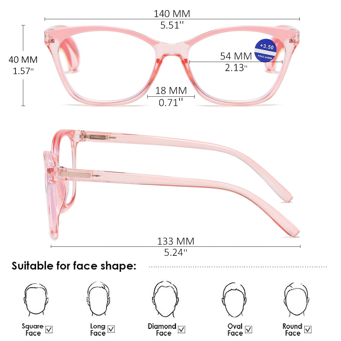KOOSUFA Cat Eye Blue Light Blocking Reading Glasses +3.5 Spring Hinge Transparent Frame Womens Computer Readers Eyeglasses Transparent Pink
